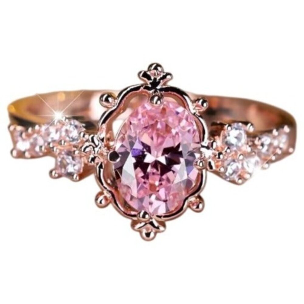 Oval Cut Pink Sapphire & Moissanite Engagement Bridal Ring in rose gold